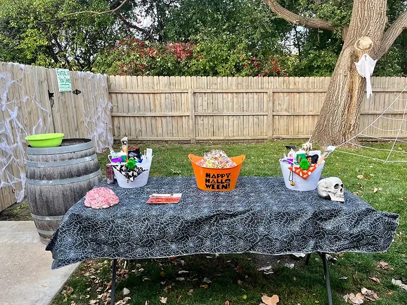 Halloween-themed treat table set up for a Howl-o-Ween community pet event in Carol Stream