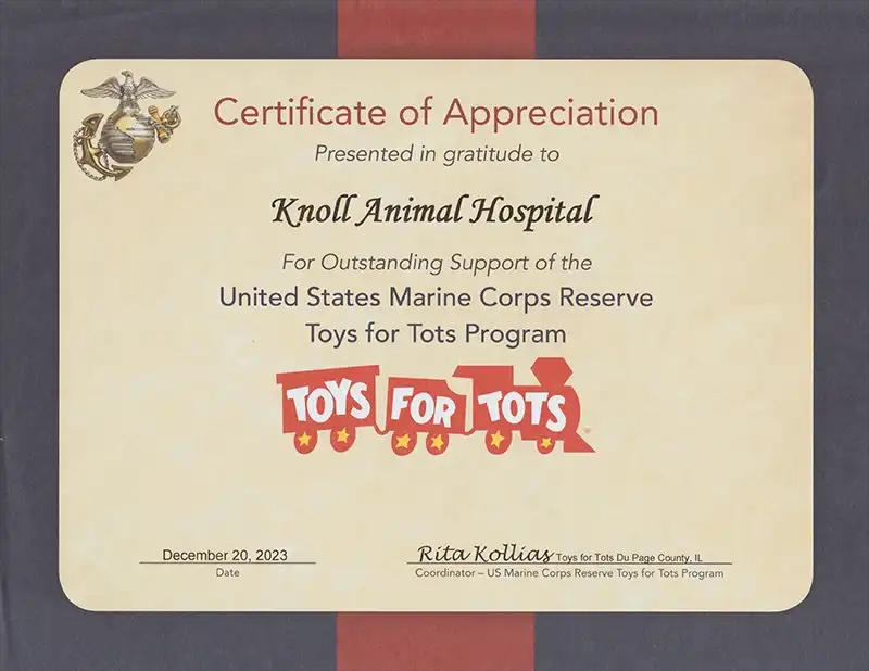 Certificate of Appreciation from the Toys for Tots program presented to a veterinary clinic in Carol Stream