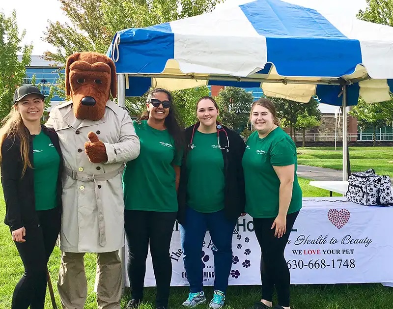 Veterinary staff posing with a dog mascot at a community pet event booth in Carol Stream